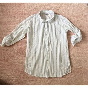 Norah Women’s L Beige Striped Button Up Shirt 100% Cotton Roll Tab Sleeves